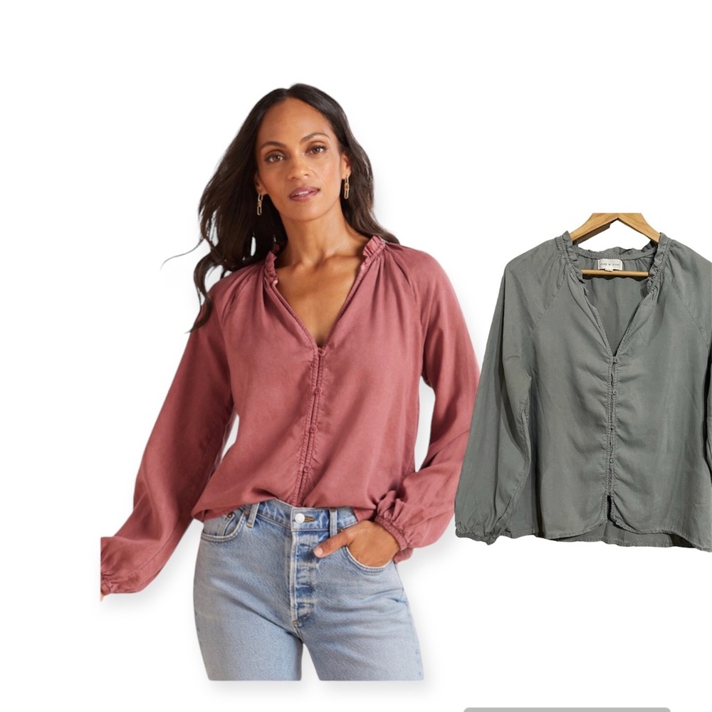 Cloth and Stone Raglan Ruffle Neck Blue Gray Blouse
